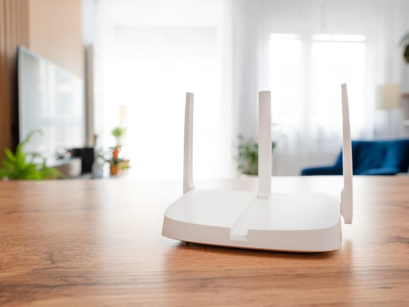 A wifi router on a wooden table in a living room